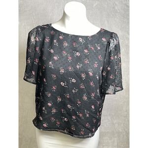 Loft Womens Blouse Size S Small Short Sleeve Black Floral Open Tie Back Lined